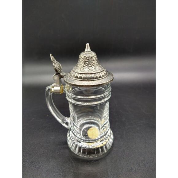 Miniature Beer Stein BMF Schnapskrügerl 4” Clear Glass & Pewter Lid West Germany - Picture 7 of 10